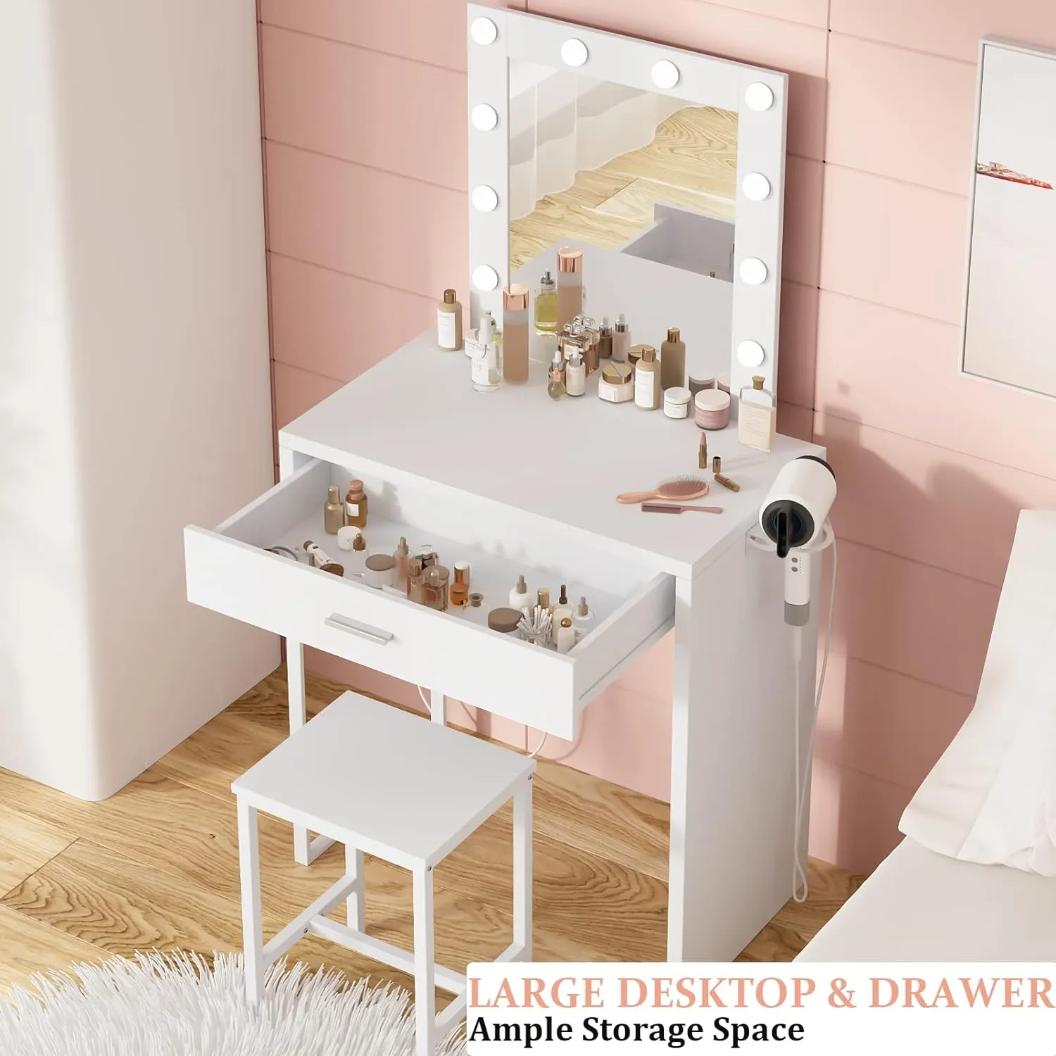 Makeup Vanity Desk with Mirror and Lights, White Vanity Table and Chair Set, Brightness Adjustable, Small Vanity for Girls' Bedroom