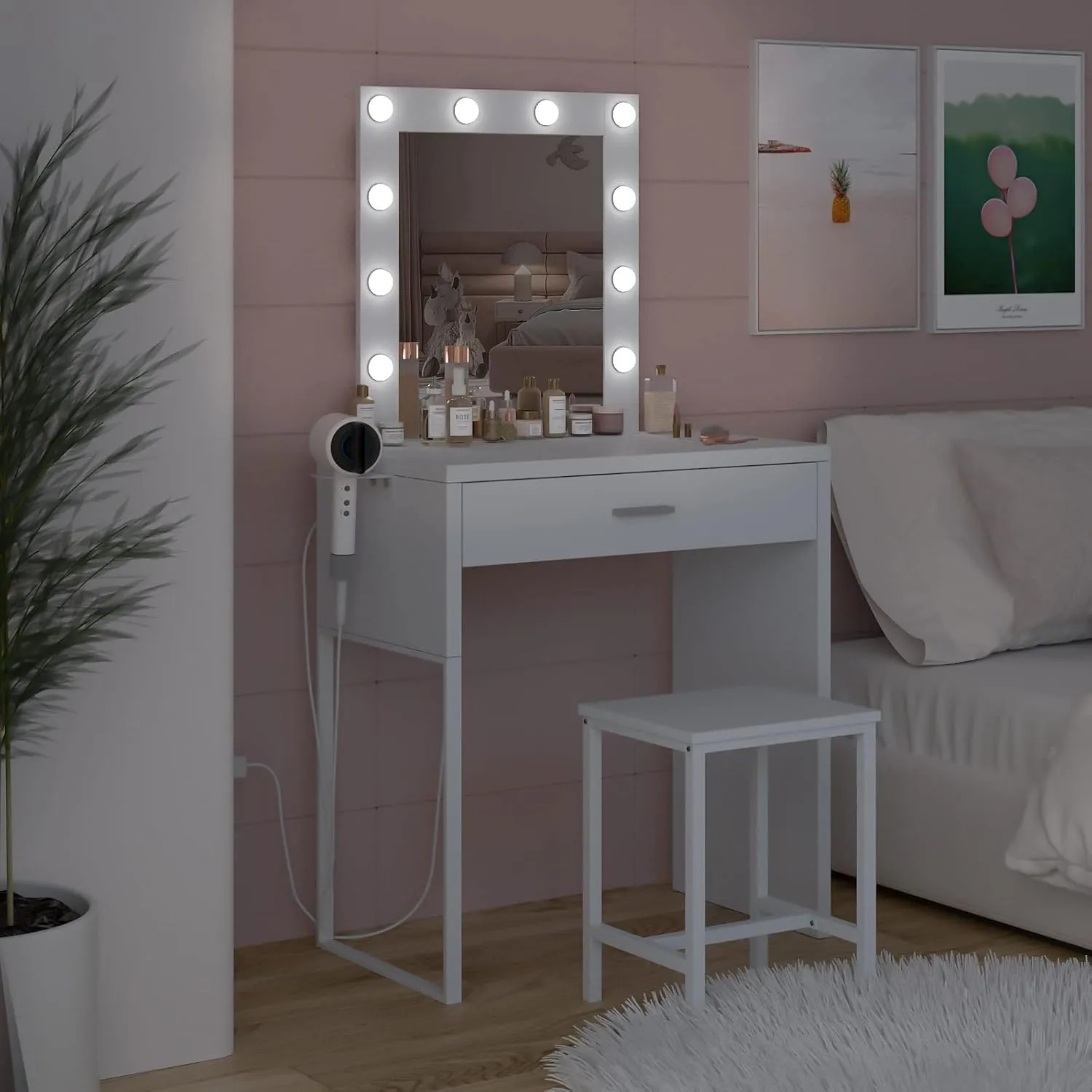 Makeup Vanity Desk with Mirror and Lights, White Vanity Table and Chair Set, Brightness Adjustable, Small Vanity for Girls' Bedroom