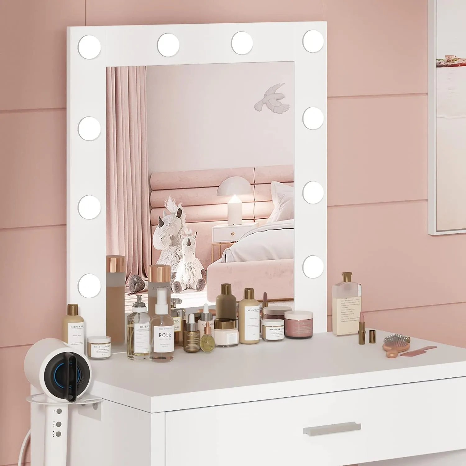 Makeup Vanity Desk with Mirror and Lights, White Vanity Table and Chair Set, Brightness Adjustable, Small Vanity for Girls' Bedroom