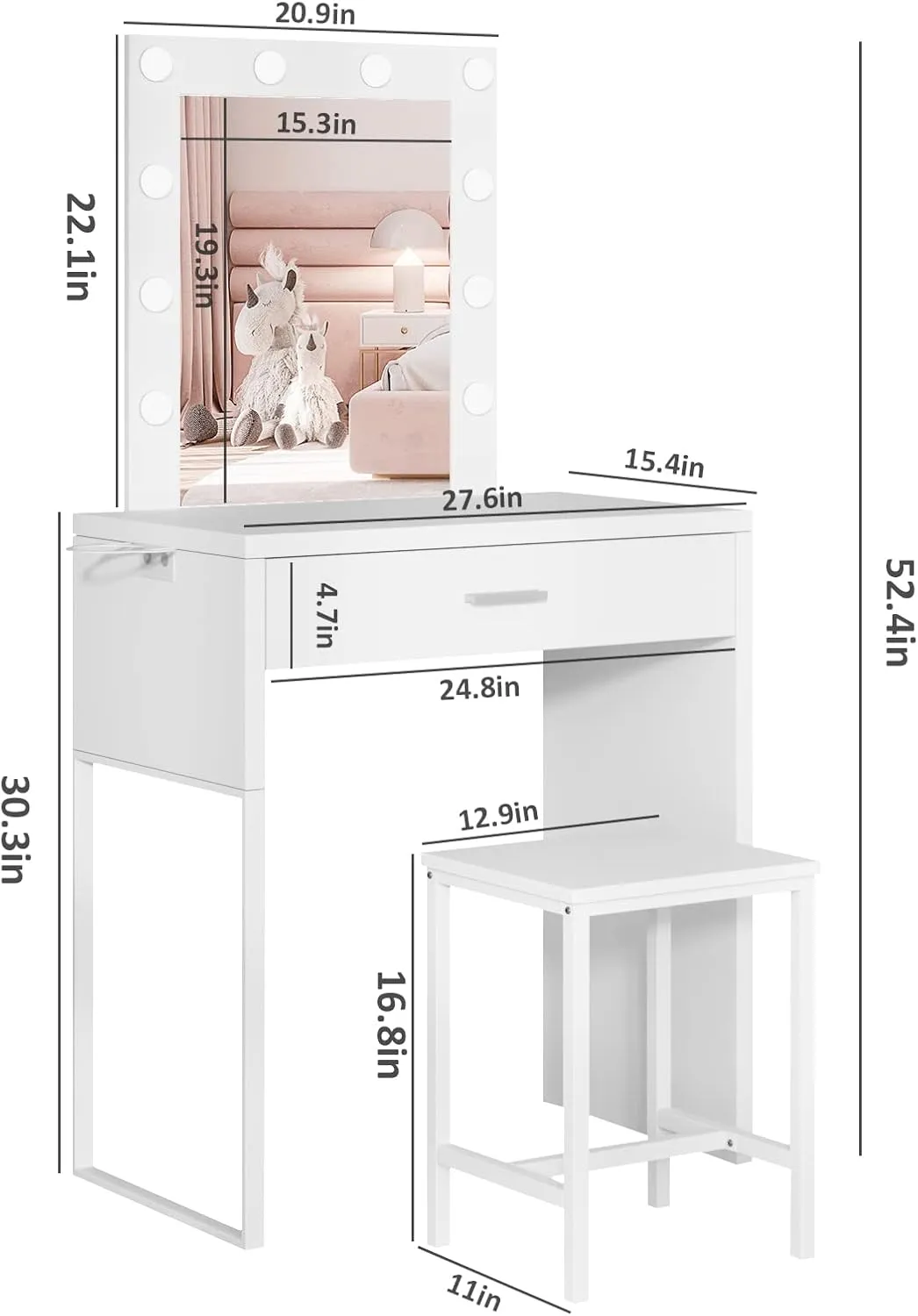 Makeup Vanity Desk with Mirror and Lights, White Vanity Table and Chair Set, Brightness Adjustable, Small Vanity for Girls' Bedroom