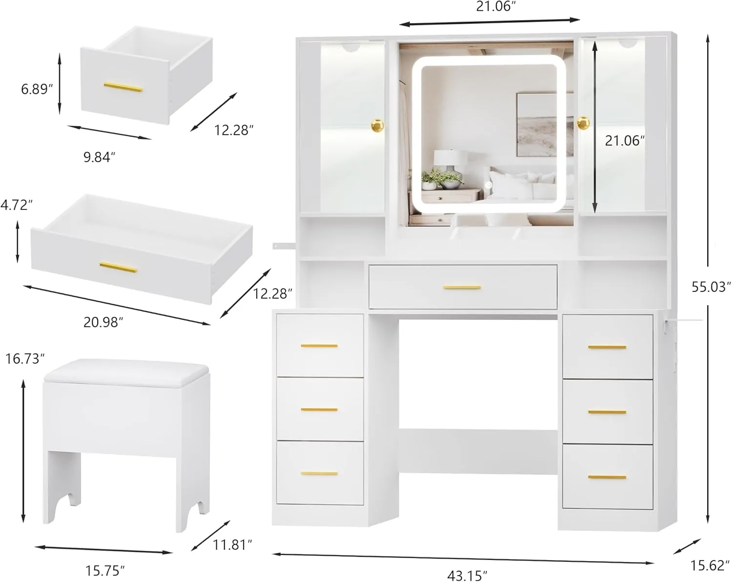 Makeup Vanity with LED Light Strip Mirror and Chair, 7 Drawers & 2 RGB Cabinets White Vanity Makeup Desk with Power Strip, Adjustable LED Lighting, and Cushioned Stool for Women, Girls, Teens