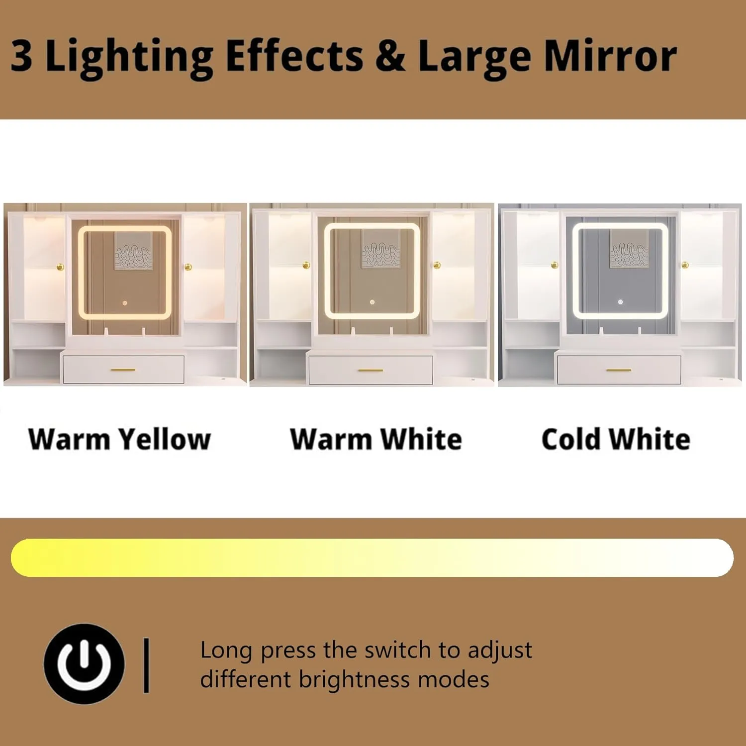 Makeup Vanity with LED Light Strip Mirror and Chair, 7 Drawers & 2 RGB Cabinets White Vanity Makeup Desk with Power Strip, Adjustable LED Lighting, and Cushioned Stool for Women, Girls, Teens