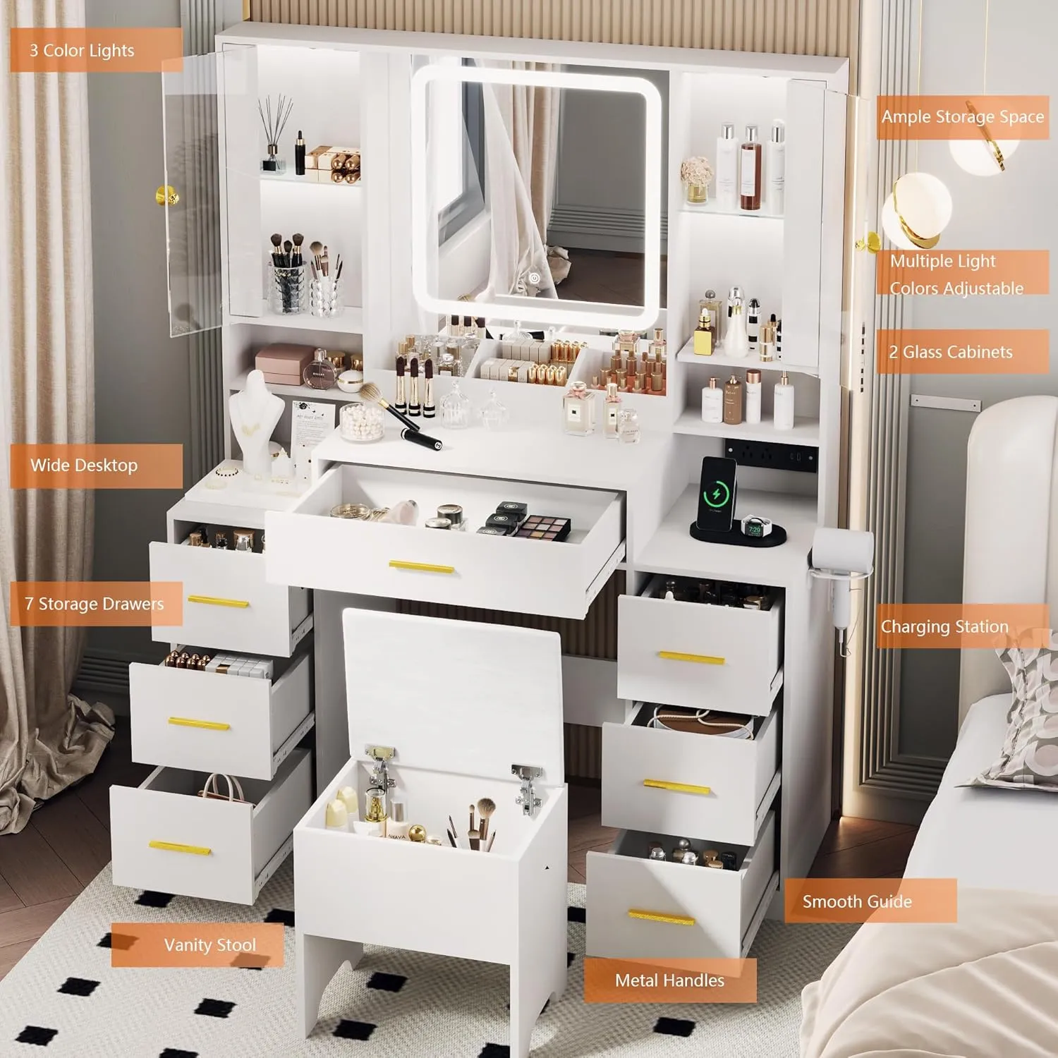 Makeup Vanity with LED Light Strip Mirror and Chair, 7 Drawers & 2 RGB Cabinets White Vanity Makeup Desk with Power Strip, Adjustable LED Lighting, and Cushioned Stool for Women, Girls, Teens