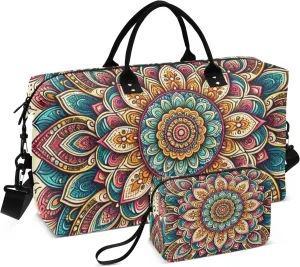 Mandala Flower Duffle Bags Travel Bag Carry on Flight Approved with Toiletry Bag Gym Bags Mens Overnight Bag Weekender
