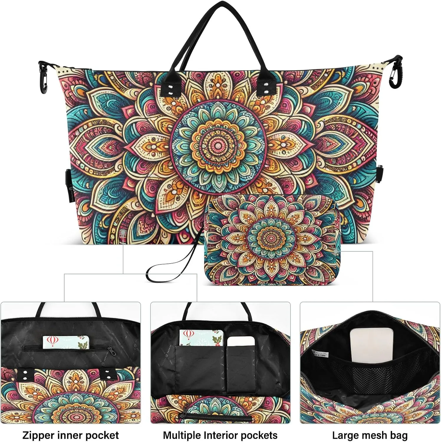 Mandala Flower Duffle Bags Travel Bag Carry on Flight Approved with Toiletry Bag Gym Bags Mens Overnight Bag Weekender