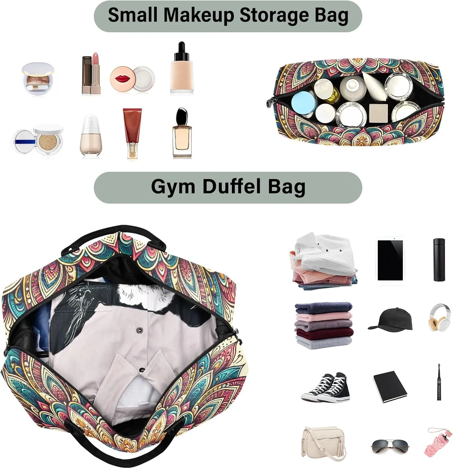 Mandala Flower Duffle Bags Travel Bag Carry on Flight Approved with Toiletry Bag Gym Bags Mens Overnight Bag Weekender