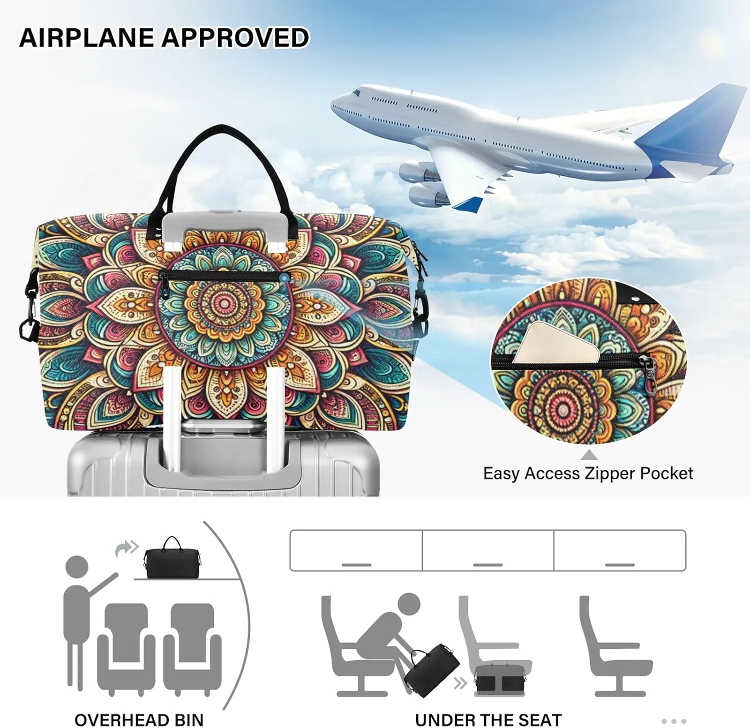 Mandala Flower Duffle Bags Travel Bag Carry on Flight Approved with Toiletry Bag Gym Bags Mens Overnight Bag Weekender