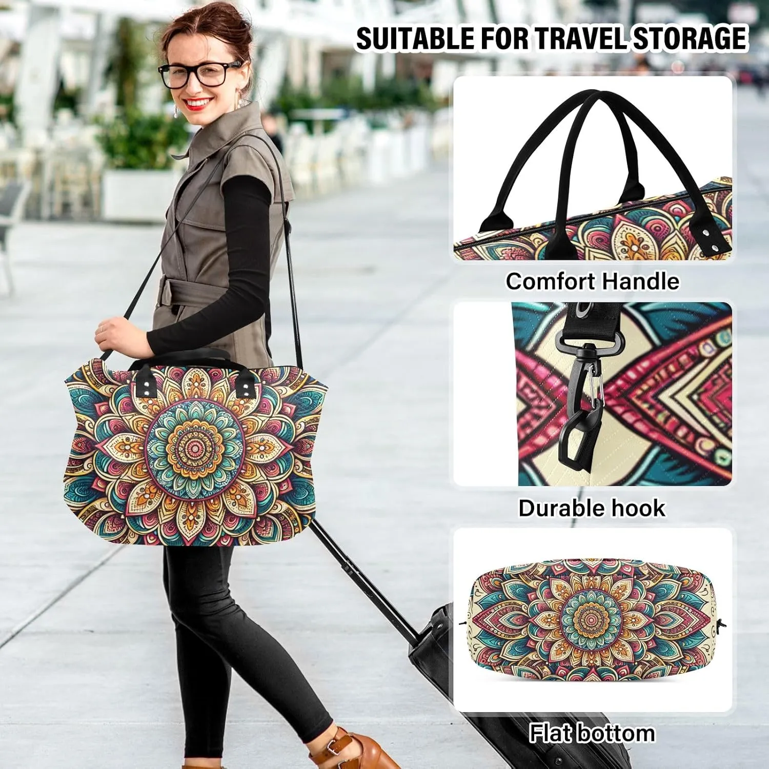 Mandala Flower Duffle Bags Travel Bag Carry on Flight Approved with Toiletry Bag Gym Bags Mens Overnight Bag Weekender