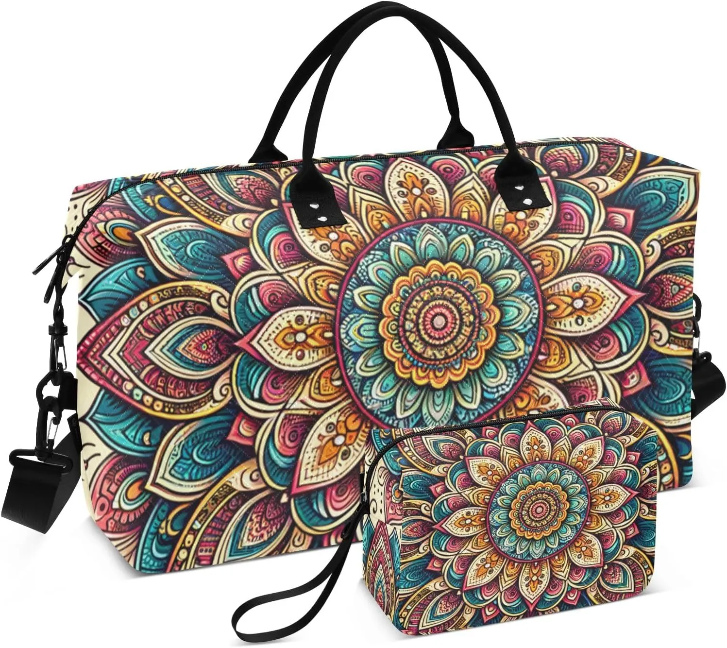 Mandala Flower Duffle Bags Travel Bag Carry on Flight Approved with Toiletry Bag Gym Bags Mens Overnight Bag Weekender