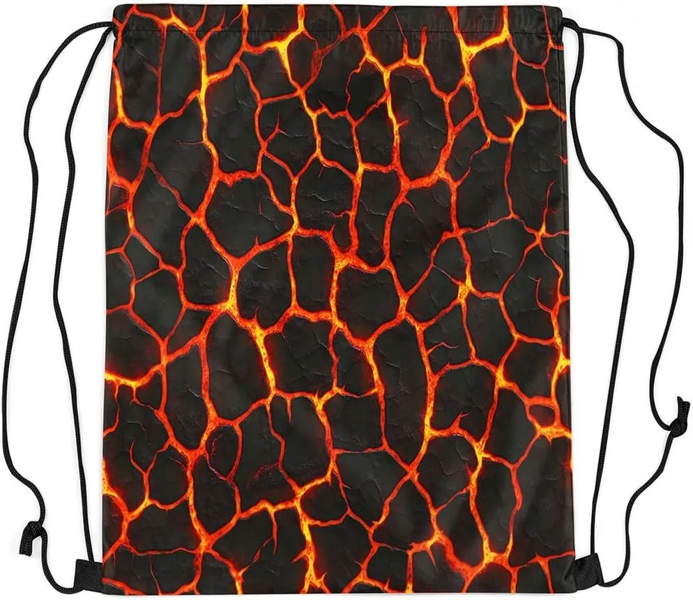 Manfei Volcano Lava Waterproof Drawstrings Backpacks,Red Orange Flame 3D Geometric Patchwork Bags for Shopping Travelling,Volcano Eruption Natural Disaster Sackpacks Gym Swim Packs Daypack
