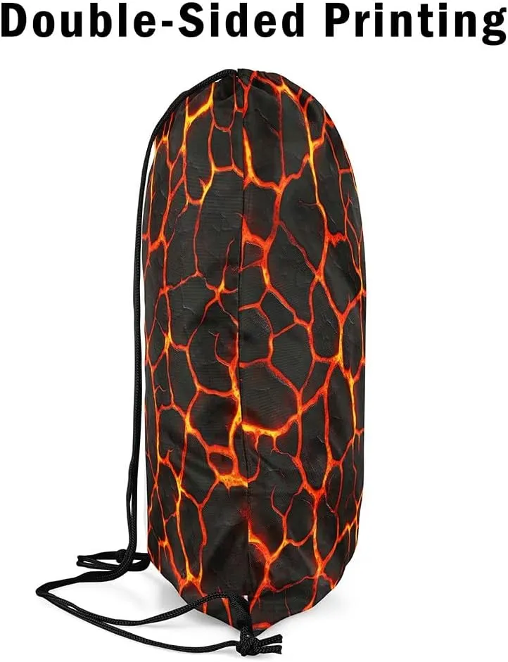 Manfei Volcano Lava Waterproof Drawstrings Backpacks,Red Orange Flame 3D Geometric Patchwork Bags for Shopping Travelling,Volcano Eruption Natural Disaster Sackpacks Gym Swim Packs Daypack