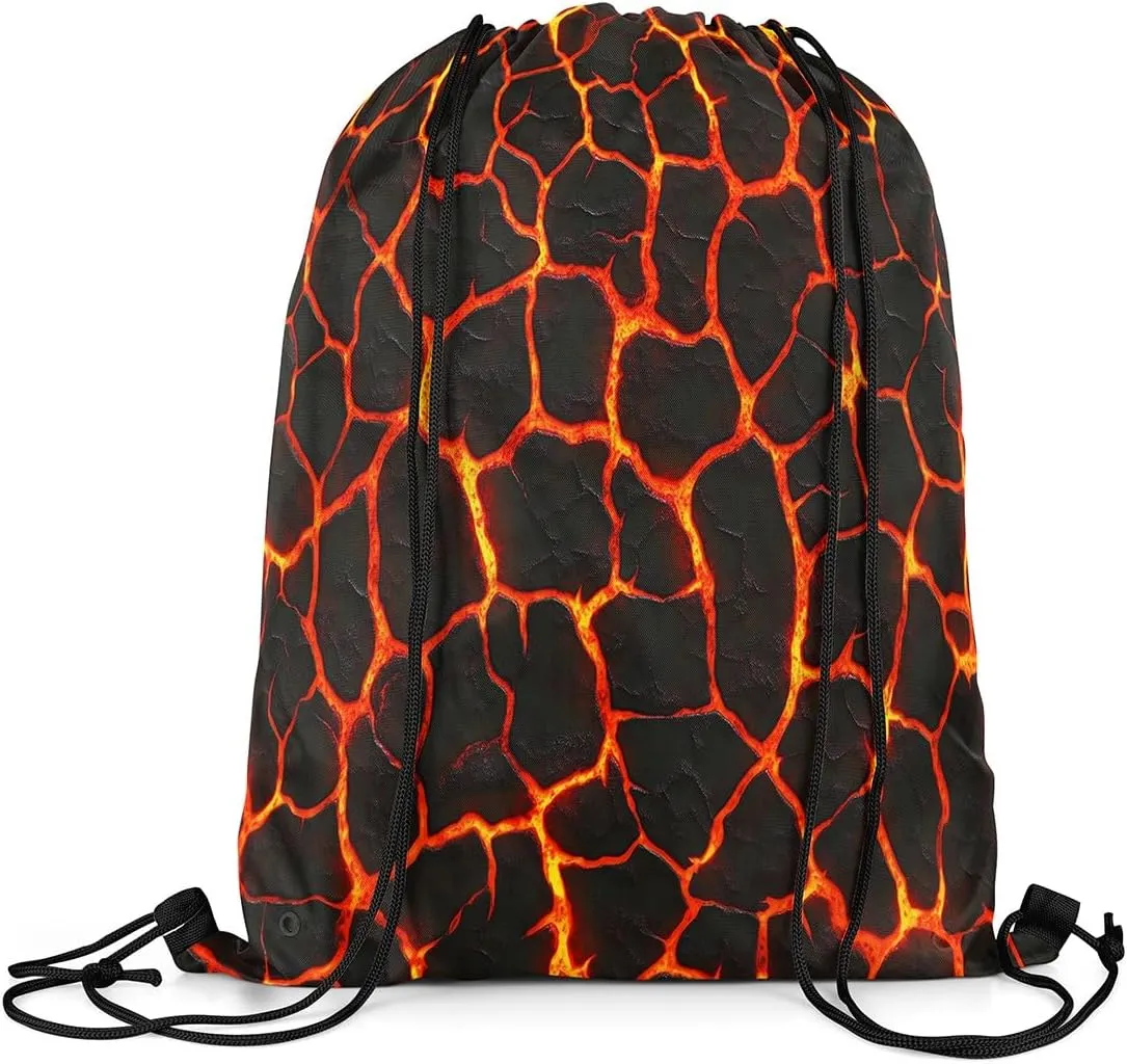 Manfei Volcano Lava Waterproof Drawstrings Backpacks,Red Orange Flame 3D Geometric Patchwork Bags for Shopping Travelling,Volcano Eruption Natural Disaster Sackpacks Gym Swim Packs Daypack