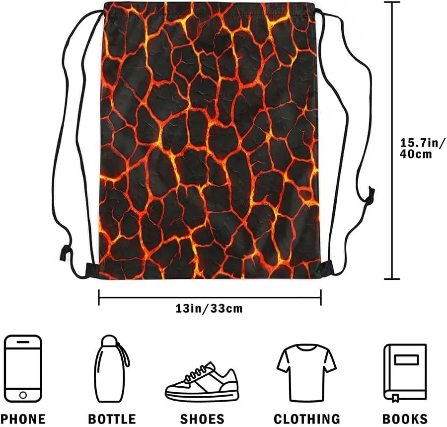 Manfei Volcano Lava Waterproof Drawstrings Backpacks,Red Orange Flame 3D Geometric Patchwork Bags for Shopping Travelling,Volcano Eruption Natural Disaster Sackpacks Gym Swim Packs Daypack