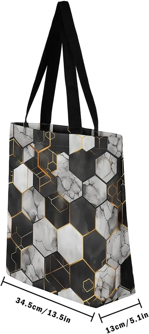 Marble Honeycomb Canvas Tote Bag,Modern Geometric Aesthetic Shoulder Handbags for Shopping Gym