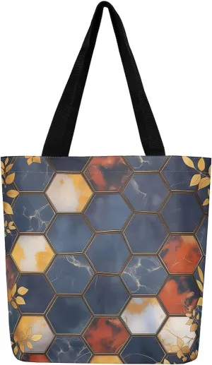 Marble Honeycomb Canvas Tote Bag,Modern Geometric Aesthetic Shoulder Handbags for Shopping Gym
