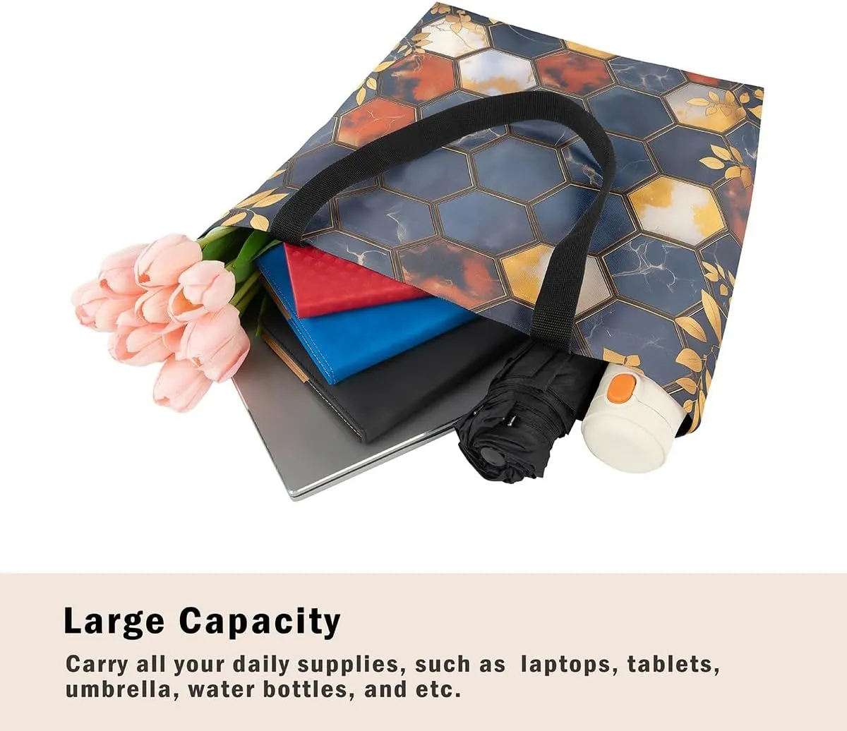 Marble Honeycomb Canvas Tote Bag,Modern Geometric Aesthetic Shoulder Handbags for Shopping Gym
