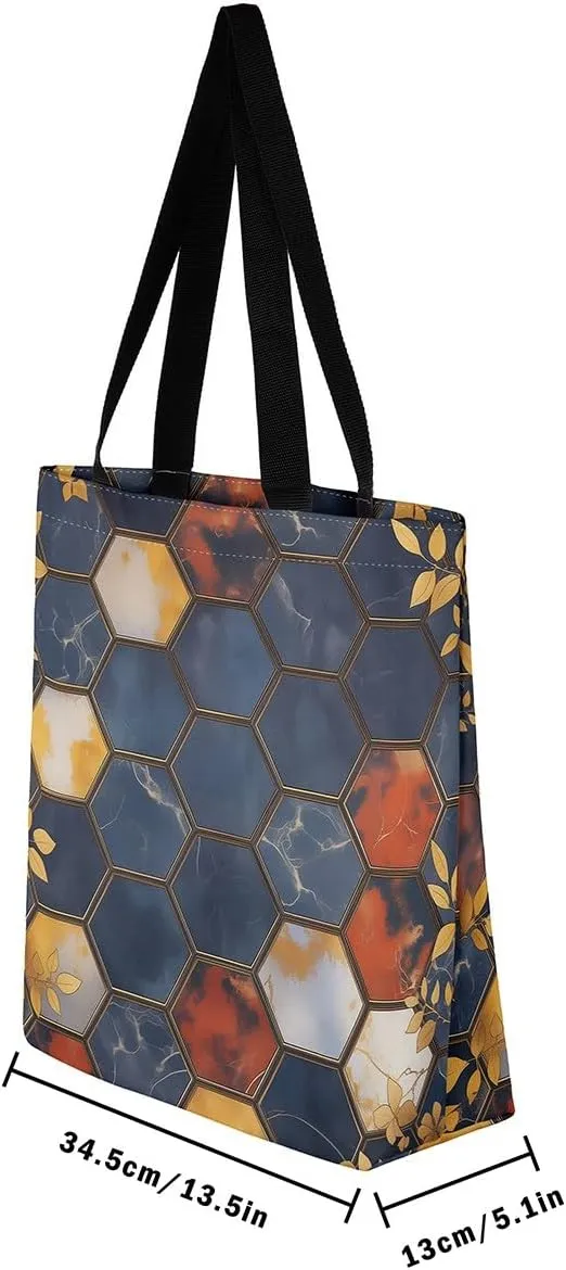 Marble Honeycomb Canvas Tote Bag,Modern Geometric Aesthetic Shoulder Handbags for Shopping Gym