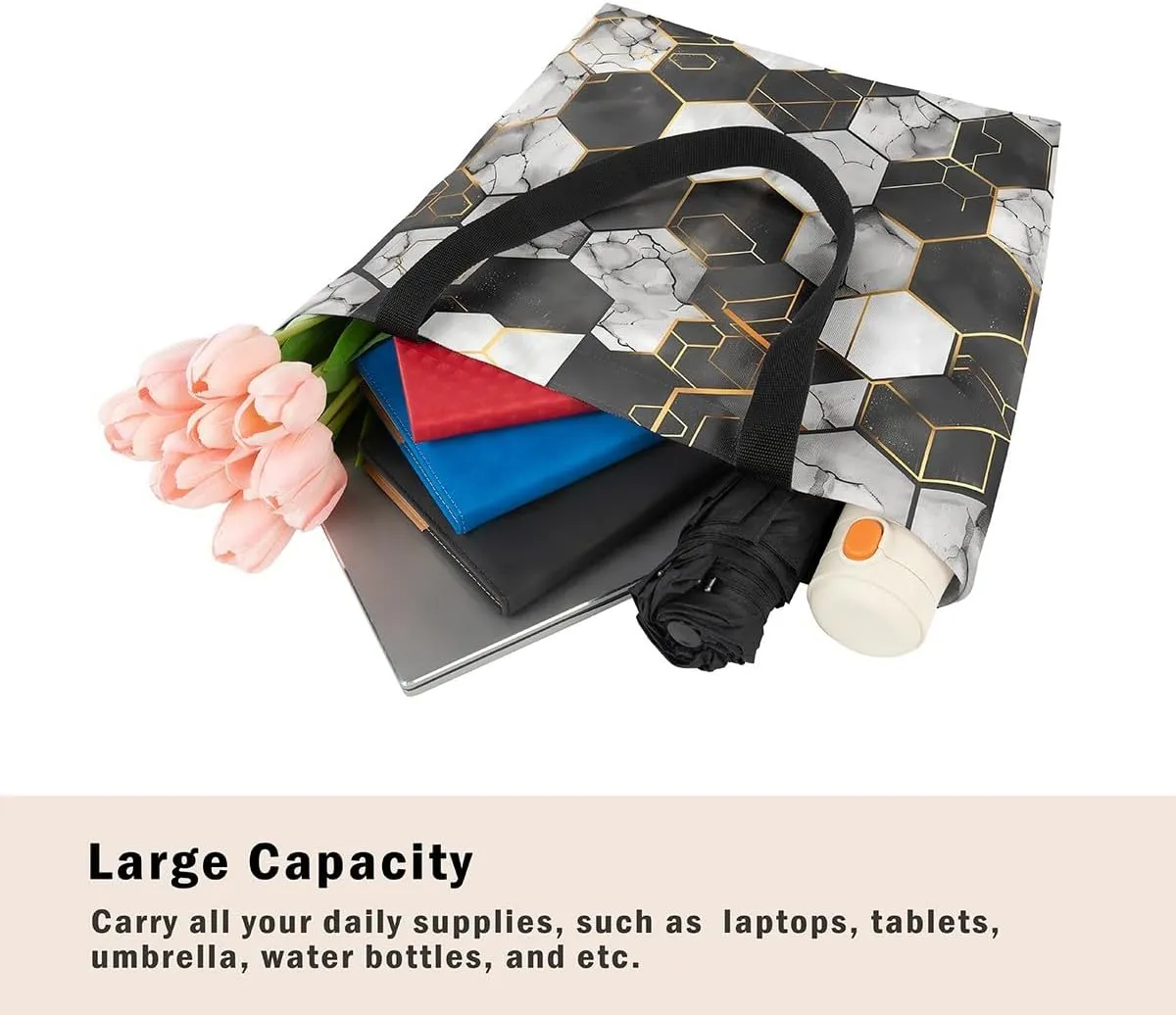 Marble Honeycomb Canvas Tote Bag,Modern Geometric Aesthetic Shoulder Handbags for Shopping Gym