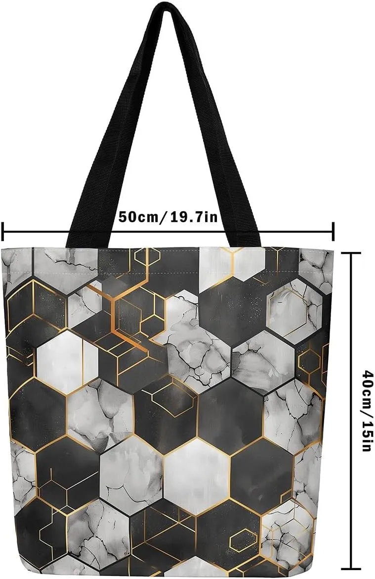 Marble Honeycomb Canvas Tote Bag,Modern Geometric Aesthetic Shoulder Handbags for Shopping Gym
