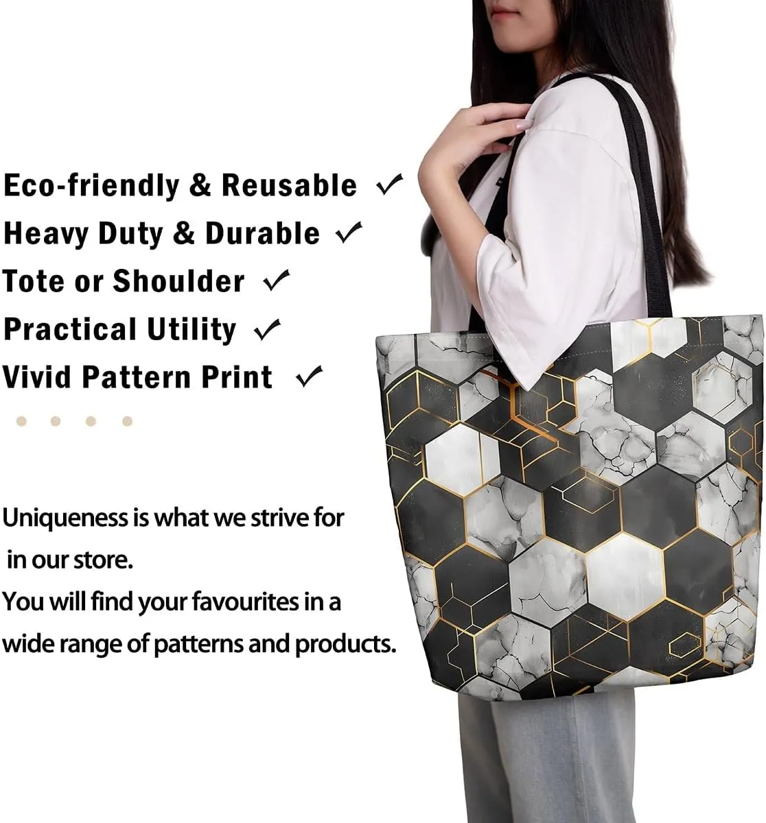 Marble Honeycomb Canvas Tote Bag,Modern Geometric Aesthetic Shoulder Handbags for Shopping Gym