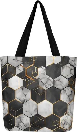 Marble Honeycomb Canvas Tote Bag,Modern Geometric Aesthetic Shoulder Handbags for Shopping Gym