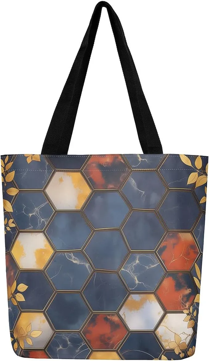 Marble Honeycomb Canvas Tote Bag,Modern Geometric Aesthetic Shoulder Handbags for Shopping Gym