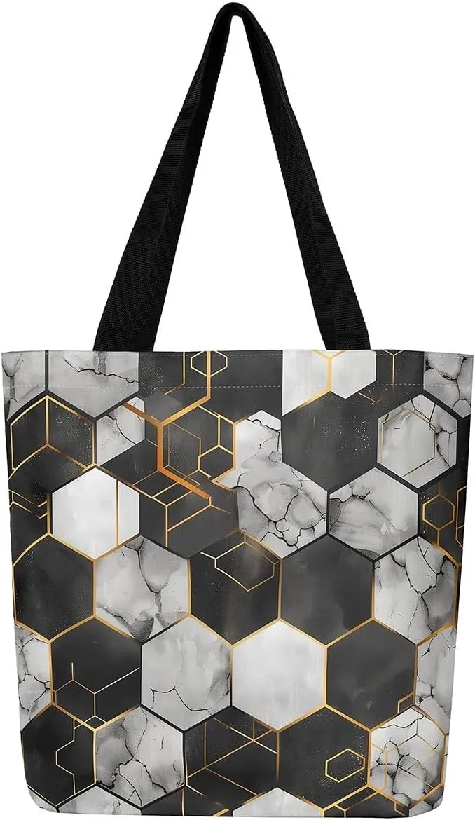 Marble Honeycomb Canvas Tote Bag,Modern Geometric Aesthetic Shoulder Handbags for Shopping Gym