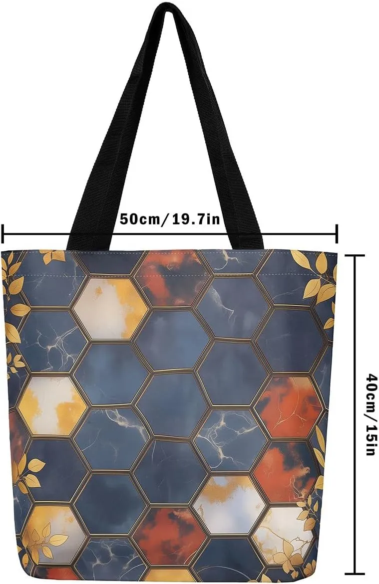 Marble Honeycomb Canvas Tote Bag,Modern Geometric Aesthetic Shoulder Handbags for Shopping Gym