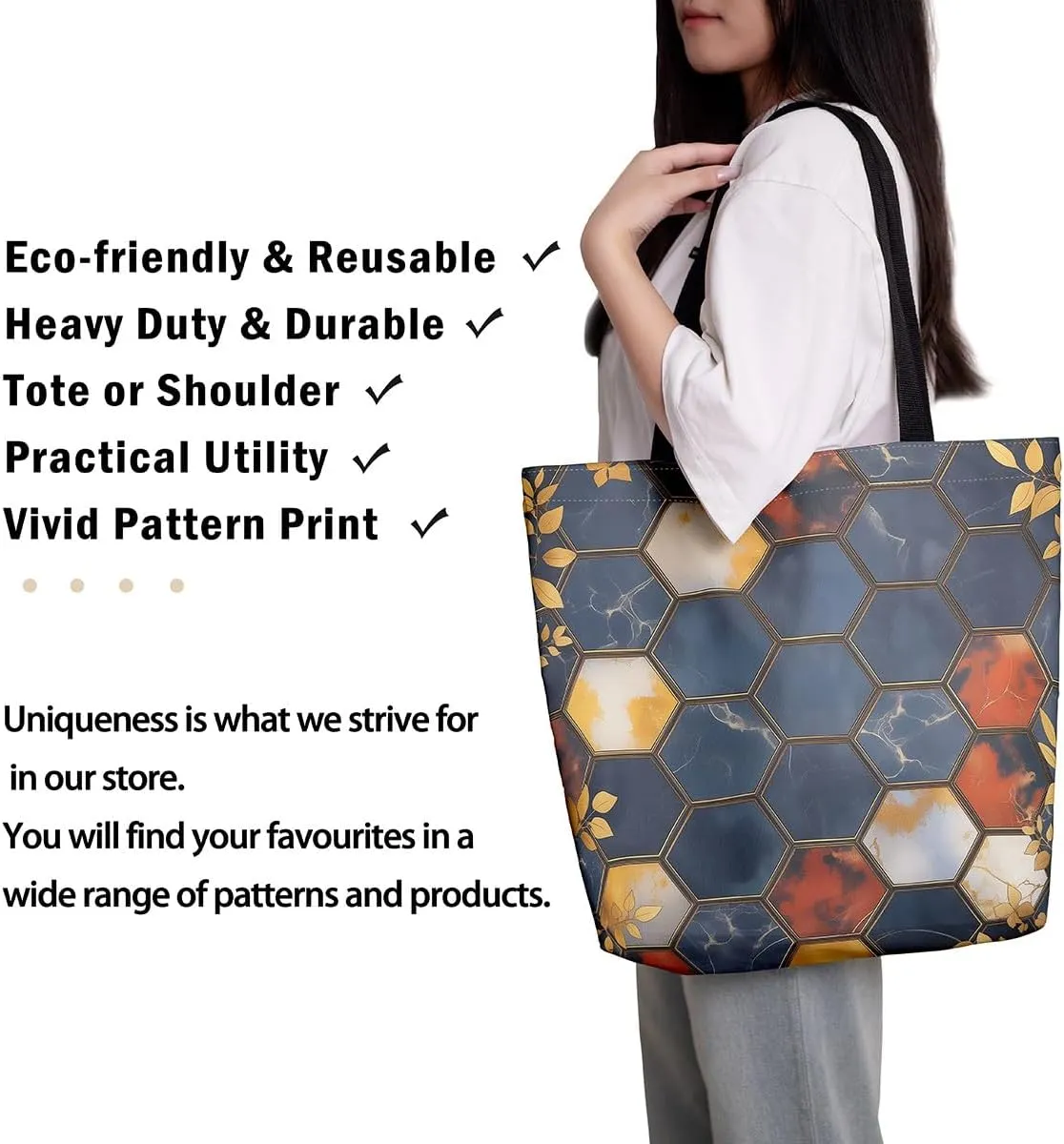 Marble Honeycomb Canvas Tote Bag,Modern Geometric Aesthetic Shoulder Handbags for Shopping Gym