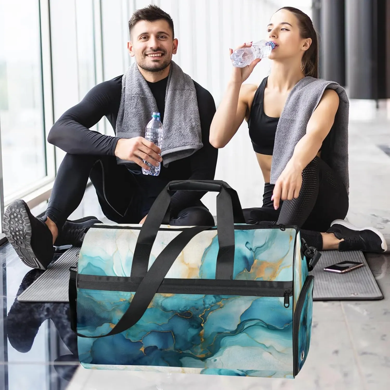 Marble Pattern 43L Gym Duffle Bag for men with Shoe Compartment, Texture Overnight Weekender Bag for Women with Shoulder Strap, Ideal for Travel, Gym, Sports