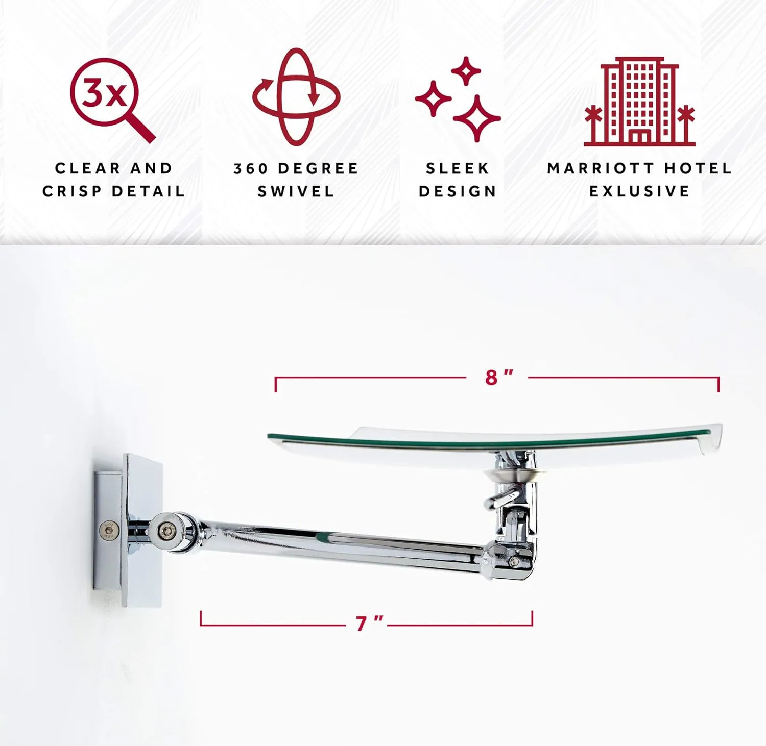 Marriott Minimalist Wall Mount Mirror - Swivel Wall Mirror with 3X Magnification - Sleek Chrome Finish