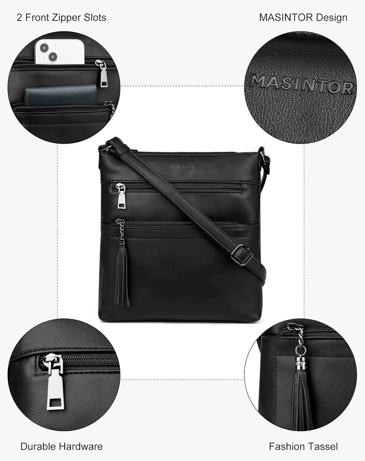 MASINTOR Crossbody Purses for Women, Multi Pocket Casual Crossbody Bag, Adjustable Strap Shoulder Bag with Tassel