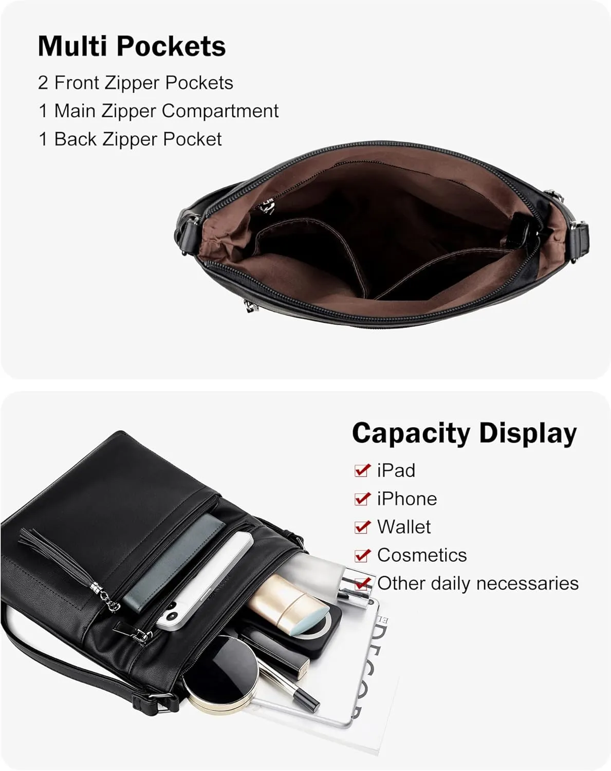 MASINTOR Crossbody Purses for Women, Multi Pocket Casual Crossbody Bag, Adjustable Strap Shoulder Bag with Tassel