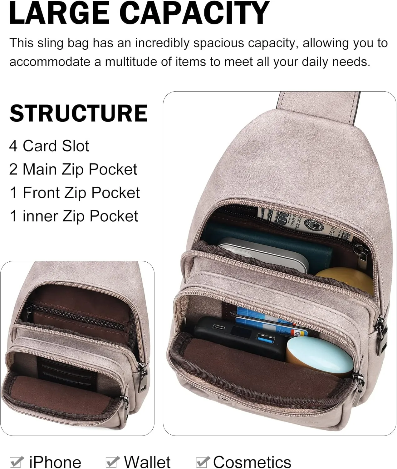 MASINTOR Sling Bag for Women - Crossbody Bags Fanny Pack with Vegan Leather - Adjustable Sling Backack for Travel Charcoal Grey