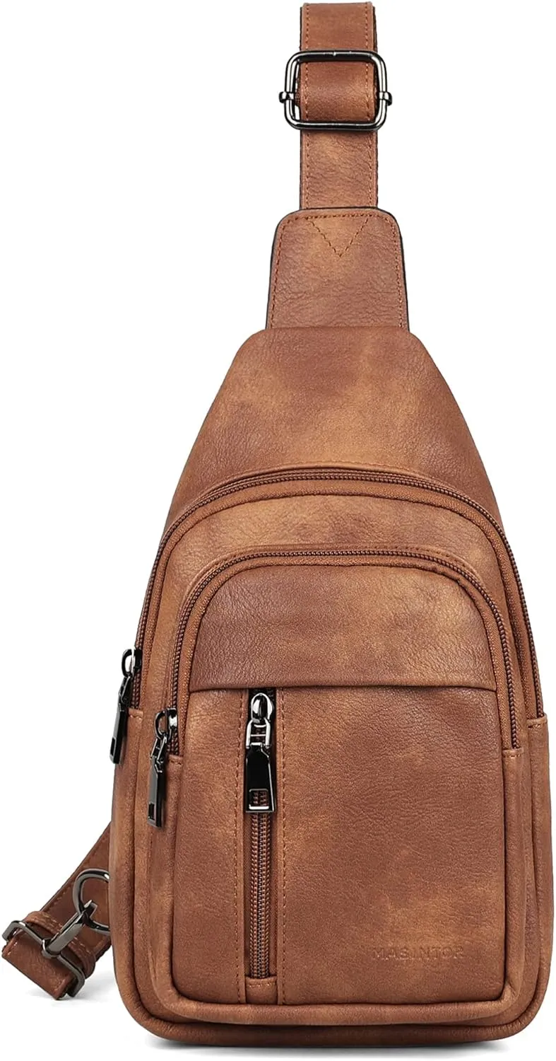 MASINTOR Sling Bag for Women - Crossbody Bags Fanny Pack with Vegan Leather - Adjustable Sling Backack for Travel Mocha Brown