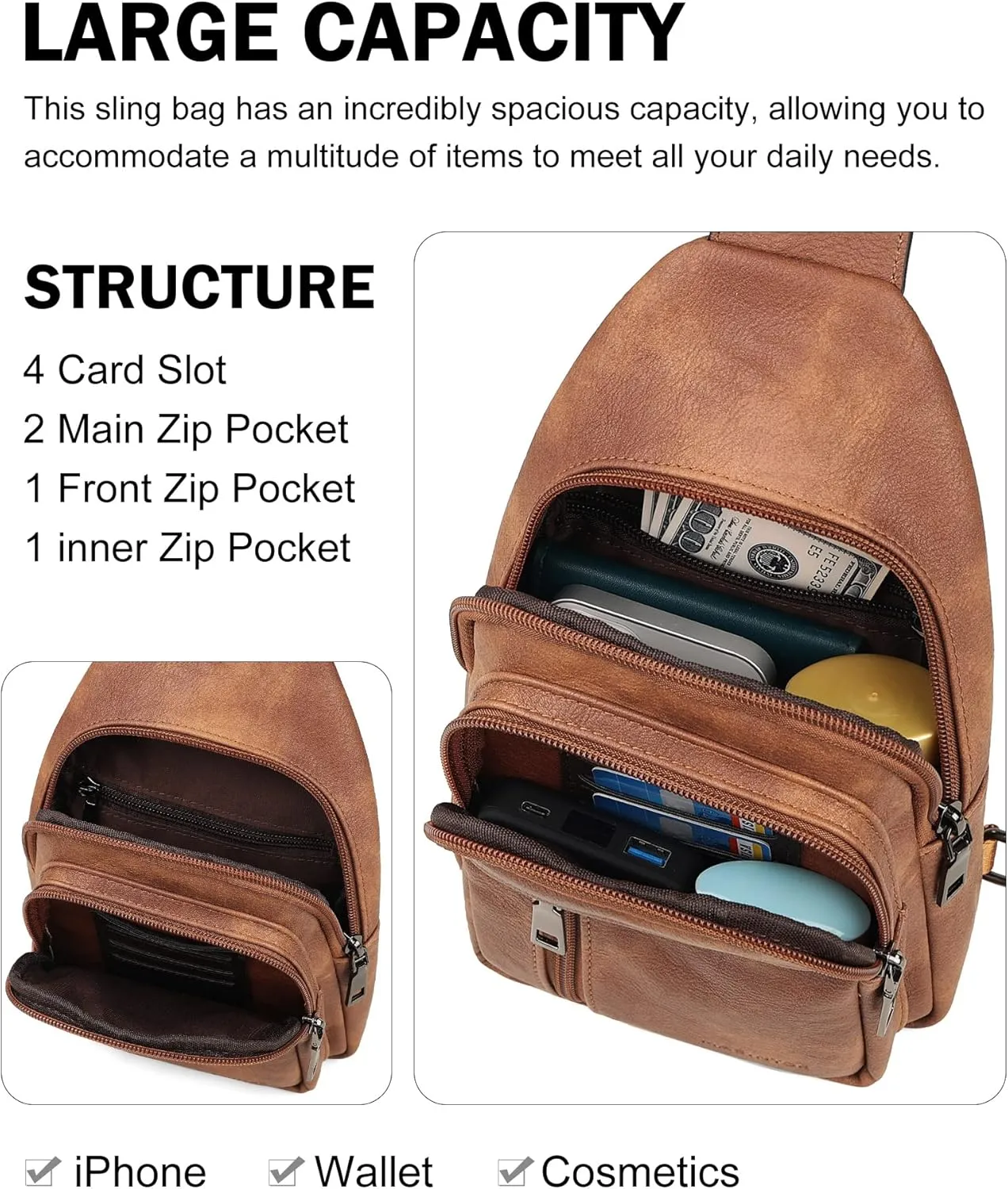 MASINTOR Sling Bag for Women - Crossbody Bags Fanny Pack with Vegan Leather - Adjustable Sling Backack for Travel Mocha Brown