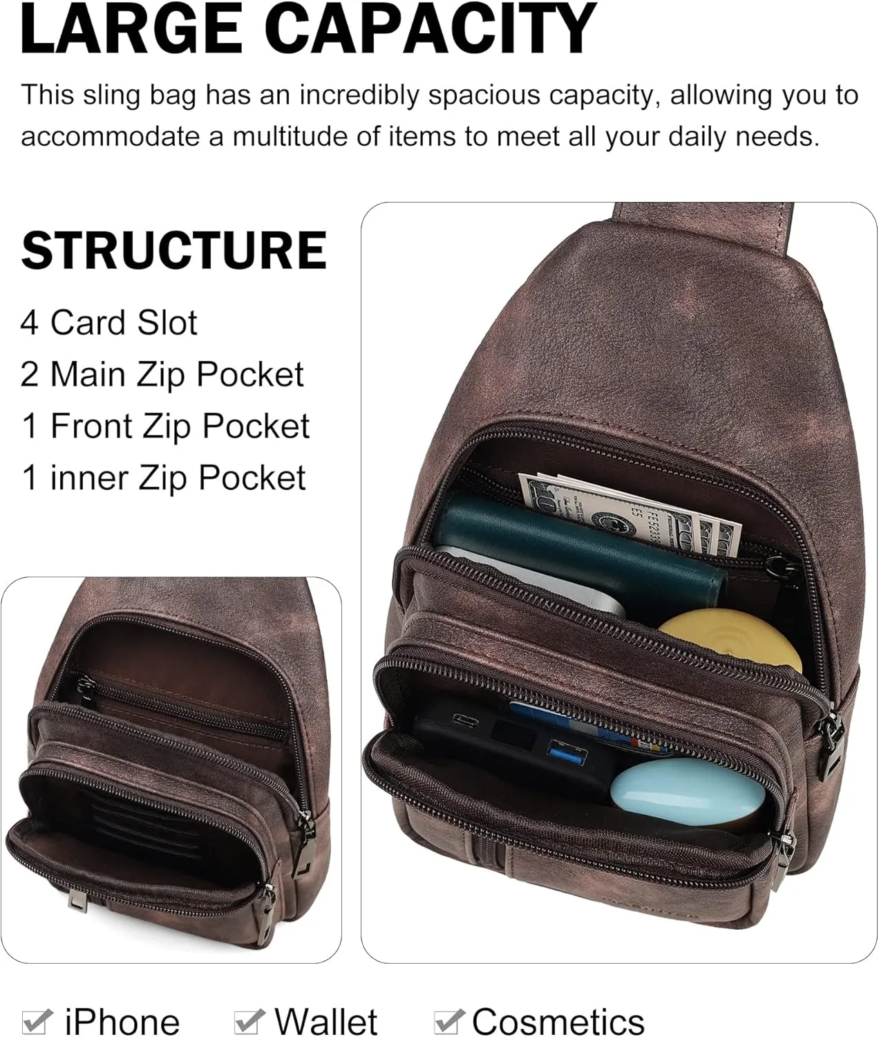 MASINTOR Sling Bag for Women - Crossbody Bags Fanny Pack with Vegan Leather - Adjustable Sling Backack for Travel Mocha Cofee