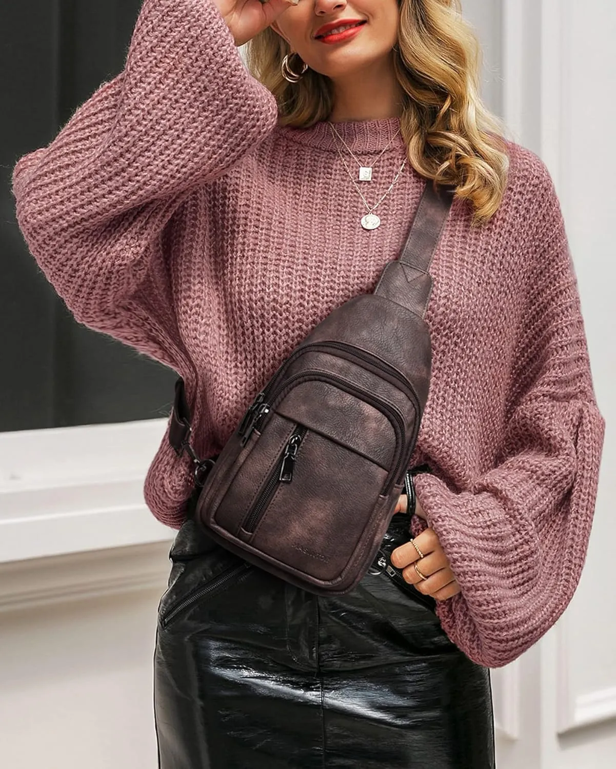 MASINTOR Sling Bag for Women - Crossbody Bags Fanny Pack with Vegan Leather - Adjustable Sling Backack for Travel Mocha Cofee