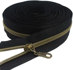 MebuZip #5 Antique Brass Metallic Nylon Coil Zippers by The Yard Bulk Coil Zipper Roll 10 Yards with 25pcs Pulls for DIY Sewing Craft Bags (Black)
