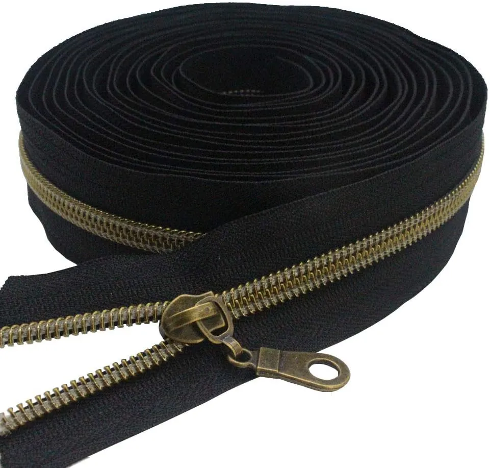 MebuZip #5 Antique Brass Metallic Nylon Coil Zippers by The Yard Bulk Coil Zipper Roll 10 Yards with 25pcs Pulls for DIY Sewing Craft Bags (Black)