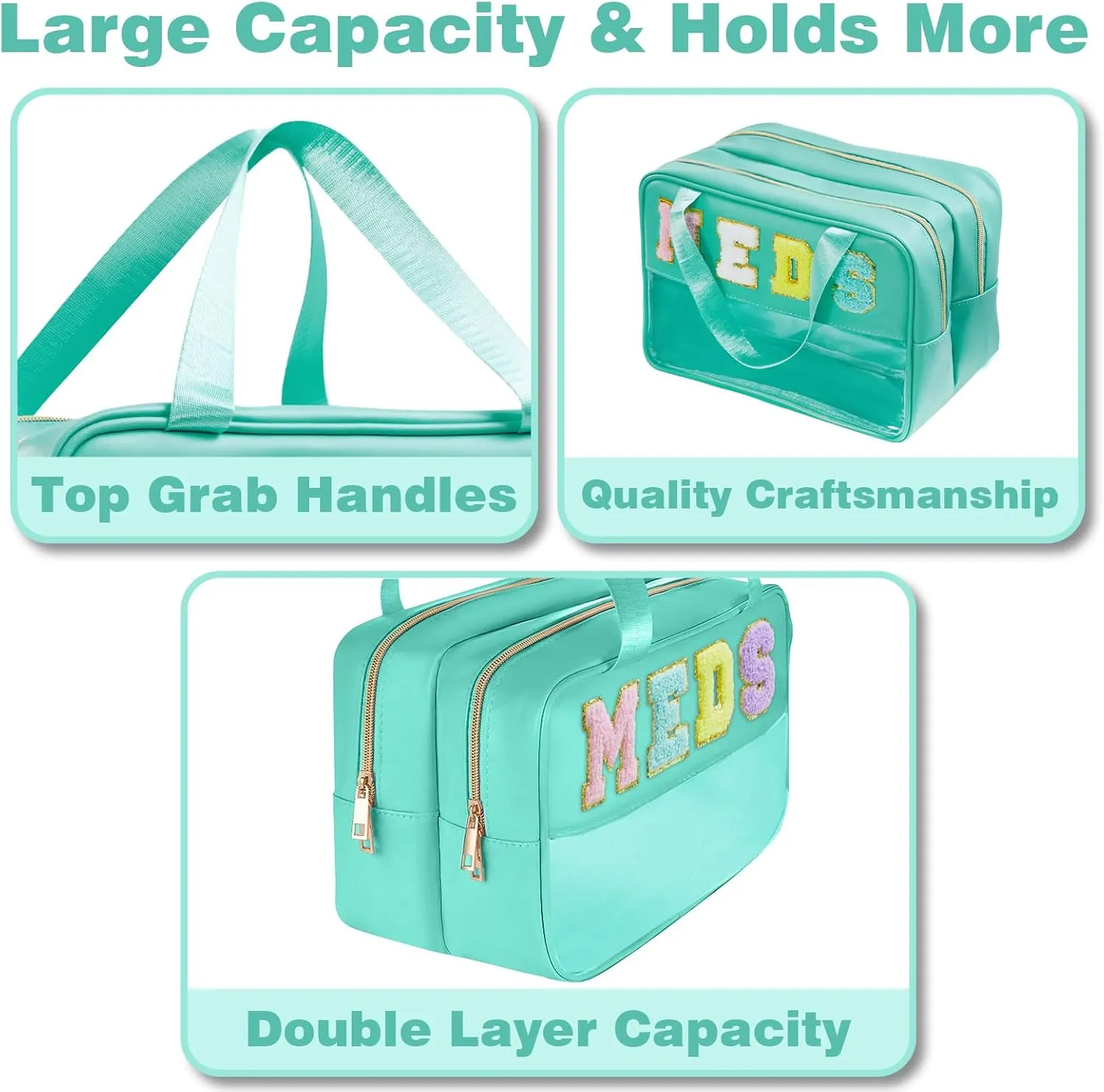 Medicine Bag Chenille Letter Nylon Medicine Bags for Traveling Meds Bag Preppy Patch Makeup Pouch Cosmetic Toiletry Storage Bags for Women (Green-MEDS)