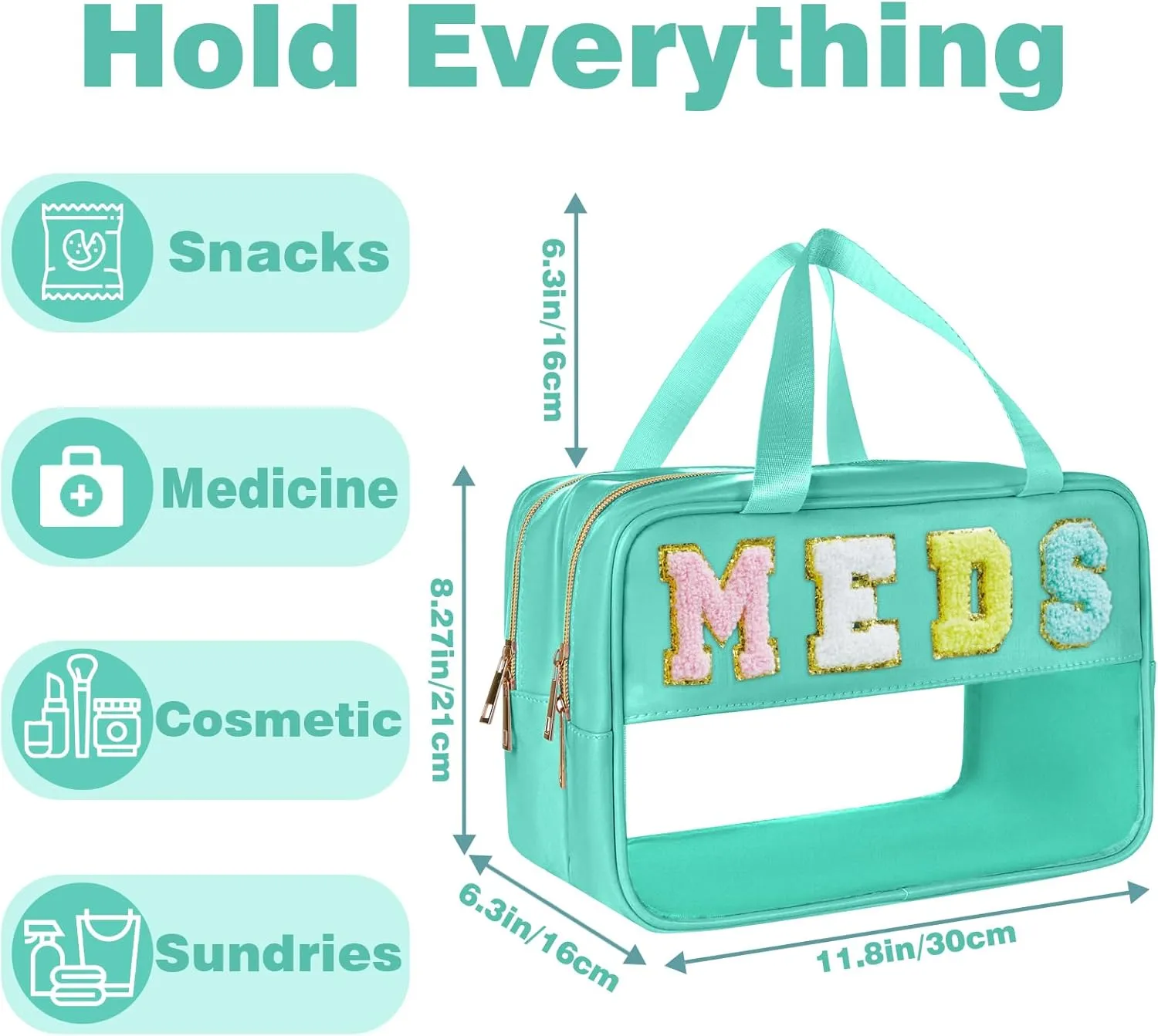 Medicine Bag Chenille Letter Nylon Medicine Bags for Traveling Meds Bag Preppy Patch Makeup Pouch Cosmetic Toiletry Storage Bags for Women (Green-MEDS)