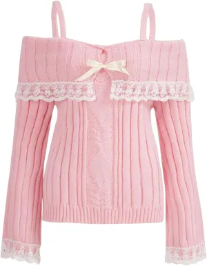 Melliflo Women Off Shoulder Sweater Top Y2K Aesthetic Long Sleeve Lace Trim Knit Pullover Sweater Cute Sweater