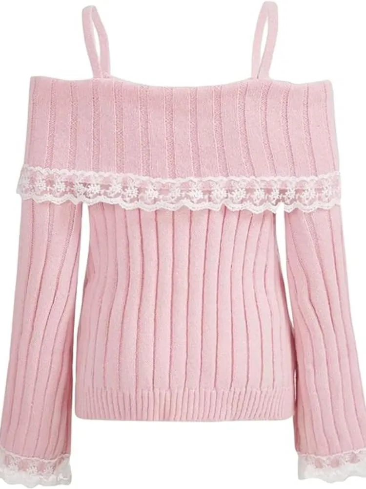 Melliflo Women Off Shoulder Sweater Top Y2K Aesthetic Long Sleeve Lace Trim Knit Pullover Sweater Cute Sweater