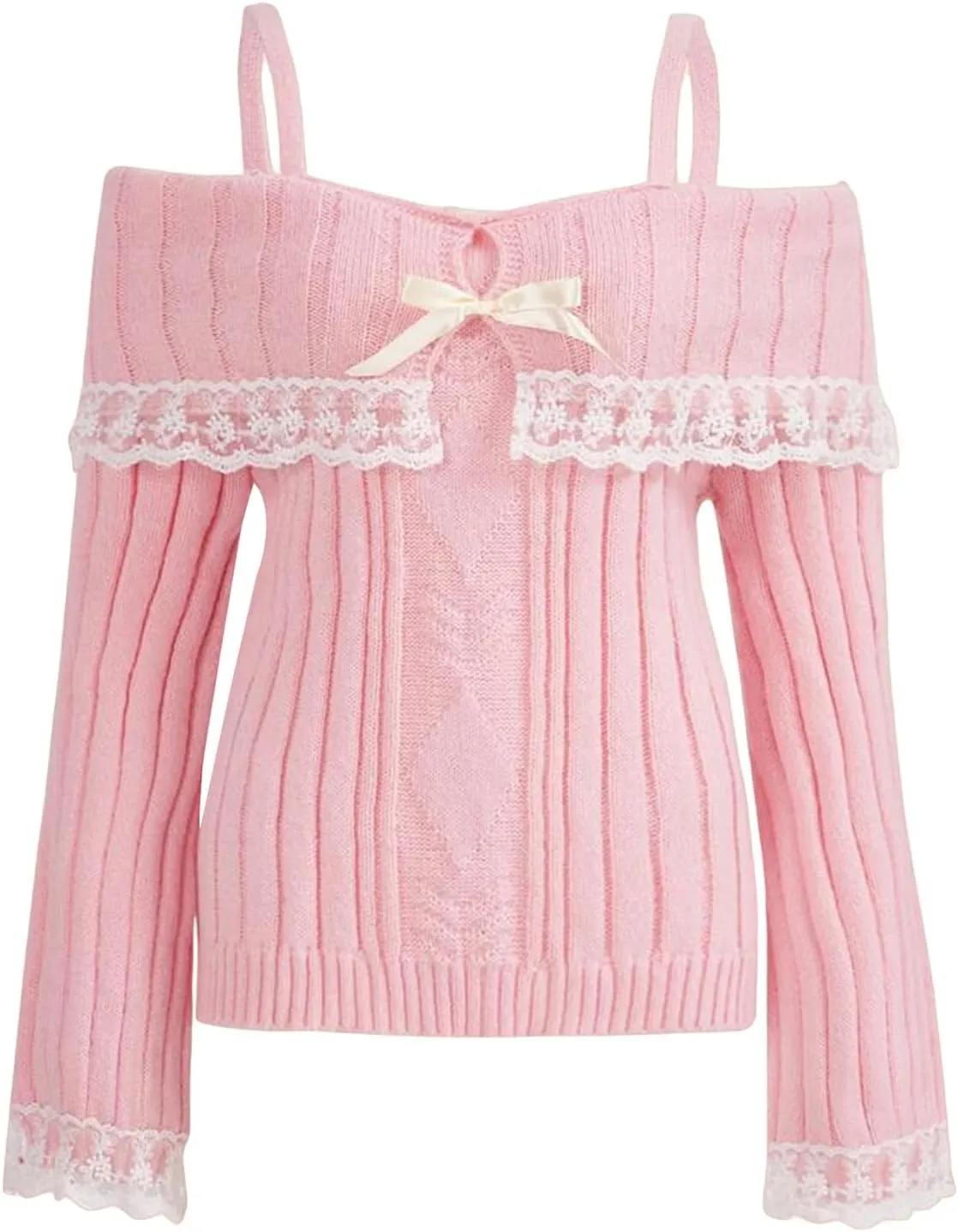 Melliflo Women Off Shoulder Sweater Top Y2K Aesthetic Long Sleeve Lace Trim Knit Pullover Sweater Cute Sweater