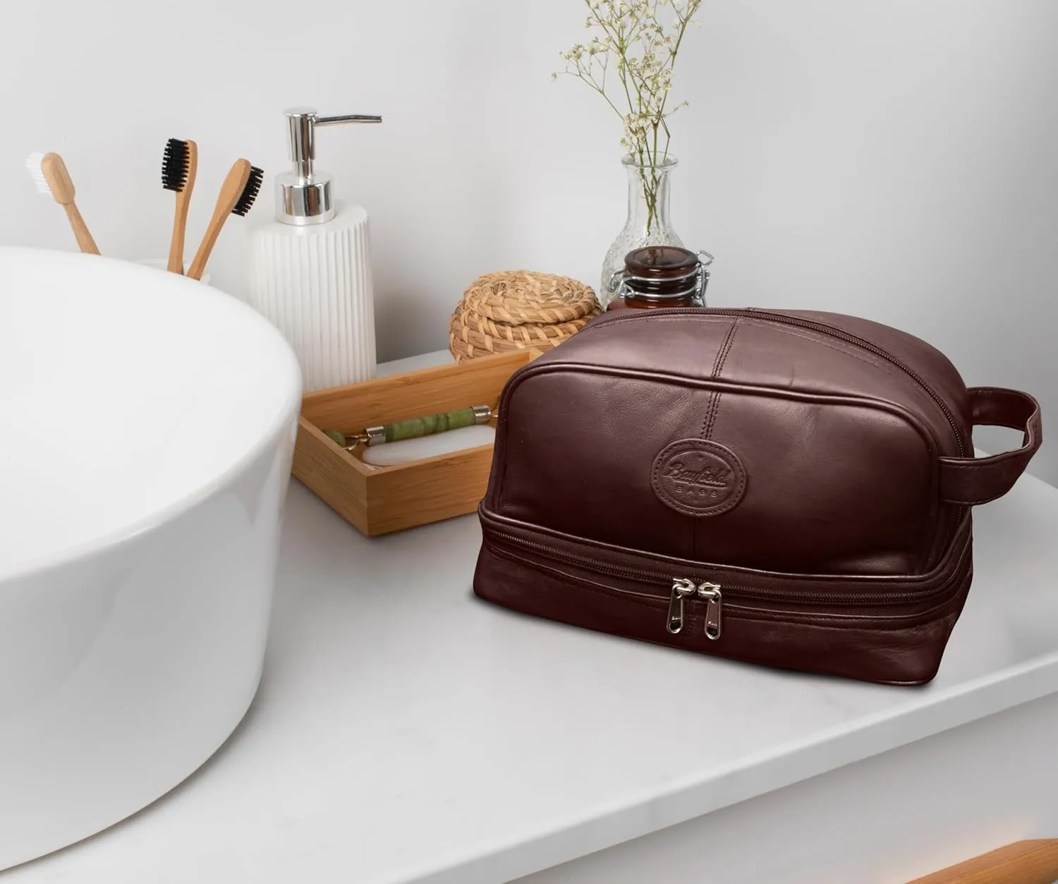 Mens Leather Toiletry Bag Dopp Kit (BROWN) Leather Toiletry Bag For Men (10x6x5) Our Shaving Bag Bottom Compartment Holds More In This Mens Toiletries Bag