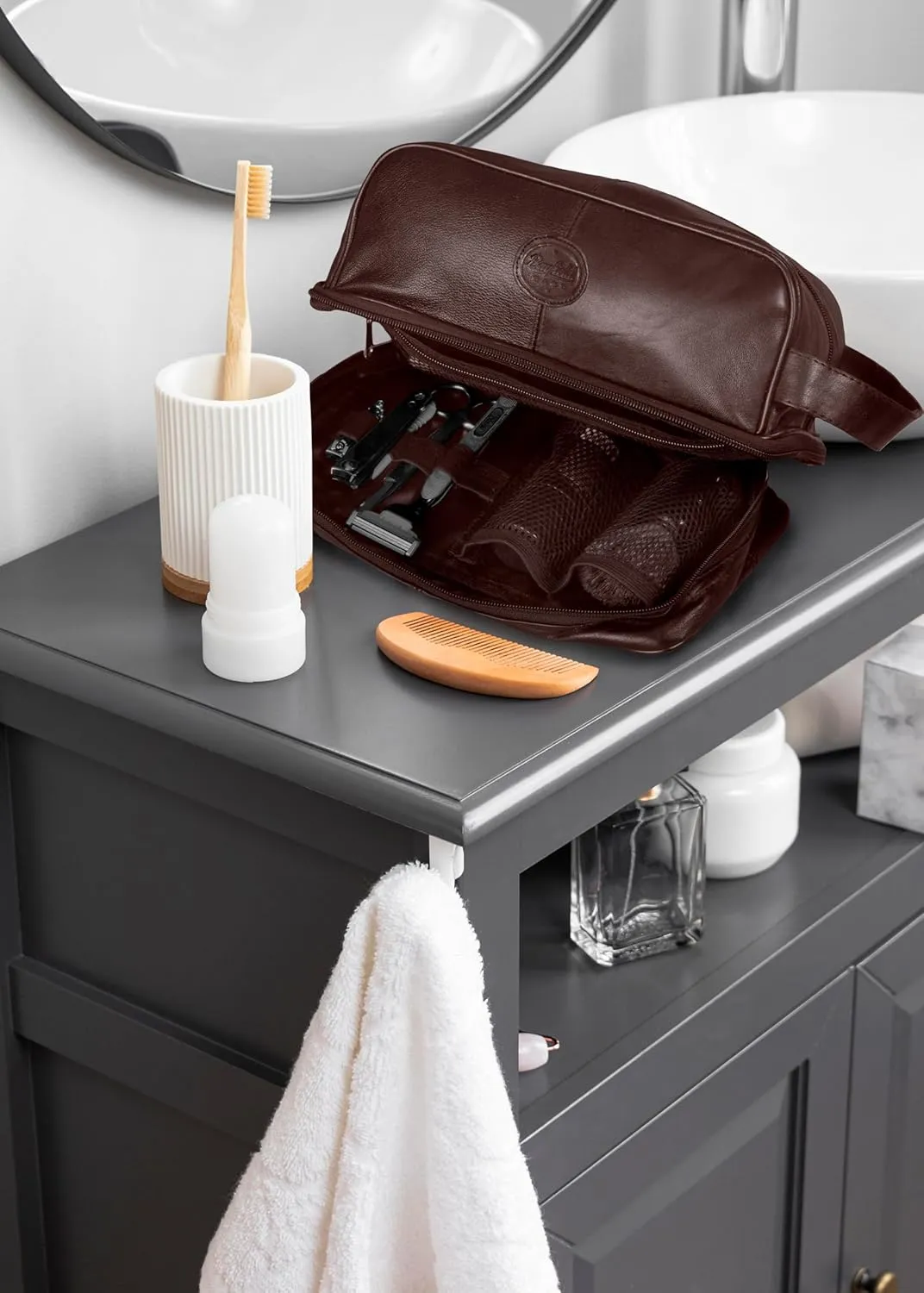 Mens Leather Toiletry Bag Dopp Kit (BROWN) Leather Toiletry Bag For Men (10x6x5) Our Shaving Bag Bottom Compartment Holds More In This Mens Toiletries Bag