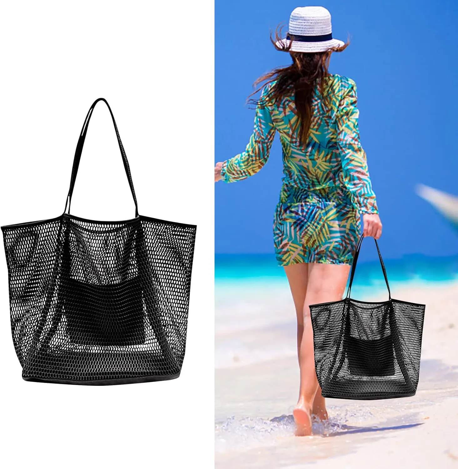 Mesh Beach Bag Tote Bag for Women Foldable Large Beach Tote Bag with Pockets Sandproof for Travel Vacation Gym