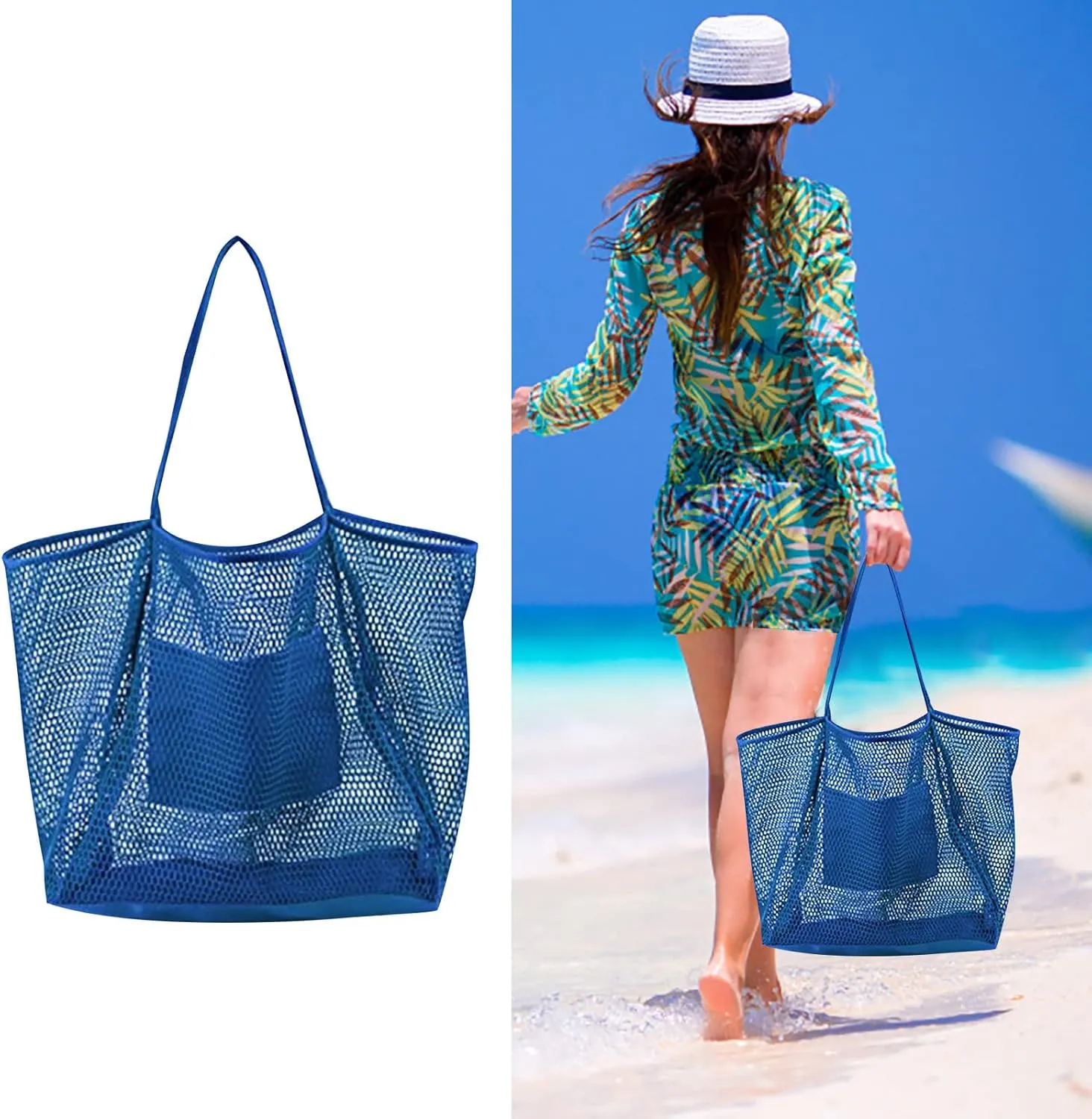 Mesh Beach Bag Tote Bag for Women Foldable Large Beach Tote Bag with Pockets Sandproof for Travel Vacation Gym