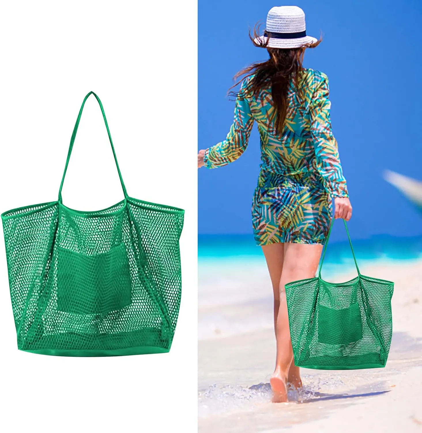 Mesh Beach Bag Tote Bag for Women Foldable Large Beach Tote Bag with Pockets Sandproof for Travel Vacation Gym